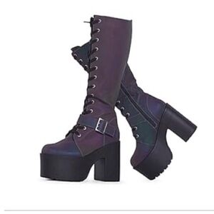 Platform Lace-Up Knee-High Boots in Iridescent Purple